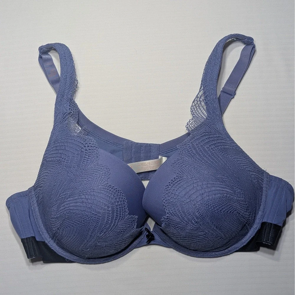 Cacique Women Plunge Underwire‎ Sports Bra Lace Nylon Blue Size 44B Boost Padded